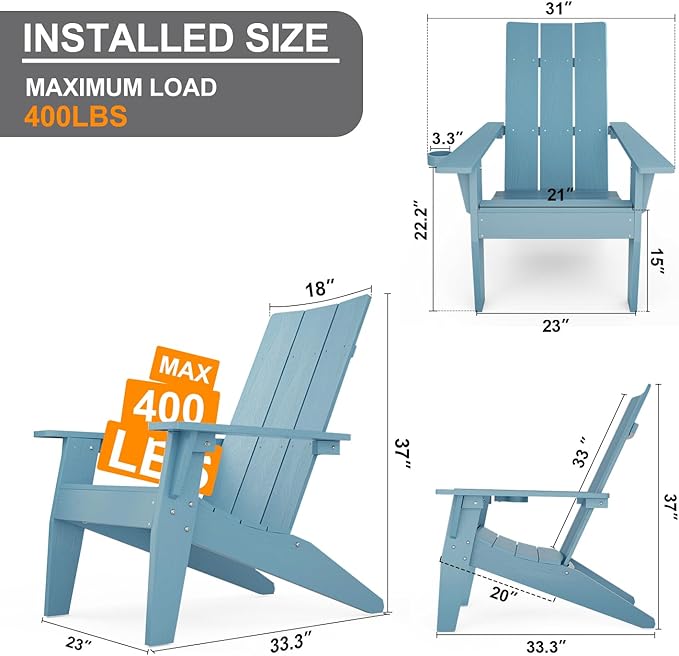 MXIMU Modern Adirondack Chairs Set of 8 Weather Resistant with Cup Holder Oversize Plastic Fire Pit Chairs Plastic Outdoor Chairs for Firepit Area Seating (Blue)