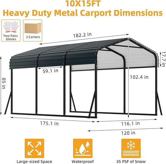 GAOMON Metal Carport, Carport with Reinforced Base and Galvanized Steel Roof, Heavy Duty Garage Car Shelter Shade, Outdoor Car Port Canopy for SUV, Truck, Boats, 10x15 FT