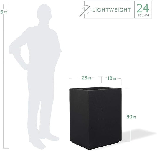 PolyStone Cozumel Tall Modern Outdoor/Indoor Column Planter, 18" L x 23" W x 30" H, Lightweight, Heavy Duty, Weather Resistant, Polymer Finish, Commercial Grade and Residentia (Black)
