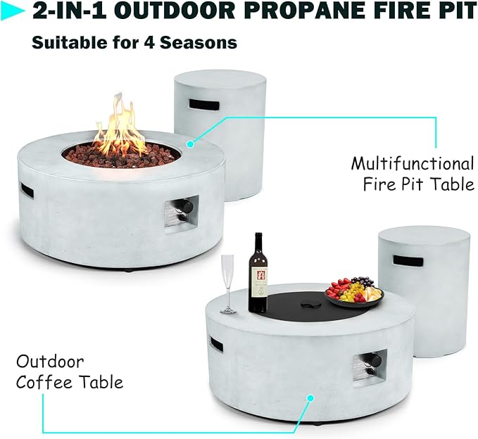 36" Round Propane Fire Pit Table,50,000 BTU Outdoor Concrete Gas Firepit with Tank Cover,Lid,Lava Rocks & Rain Cover for Patio,Deck,and Backyard