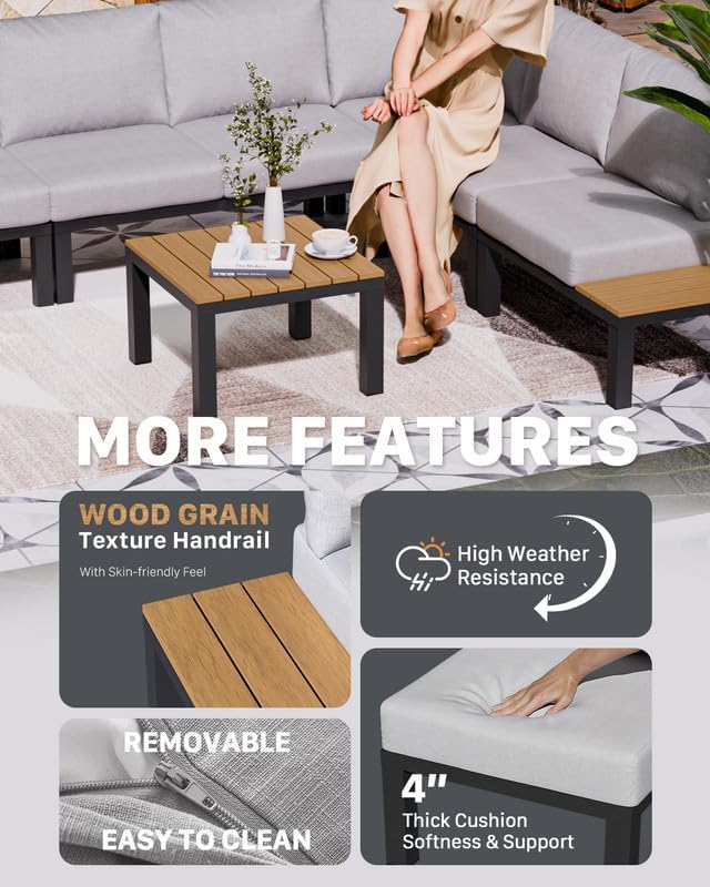 ZANDOR Aluminum Outdoor Patio Furniture Set, 5 Pieces Movable Backrest Modular Sectional Sofa Set, Metal Conversation Set with 4-inch Thick Cushion for Garden Backyard Porch, Grey