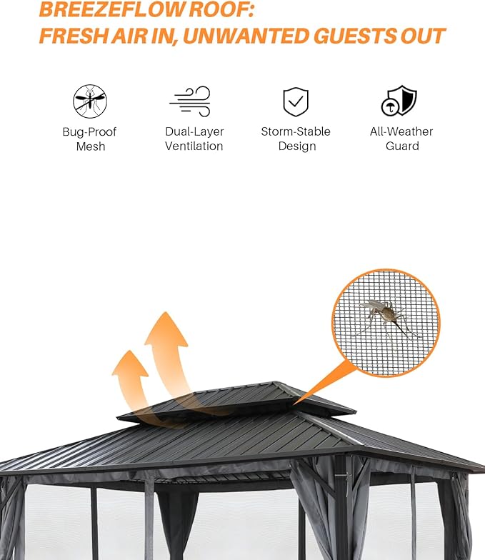 SEEHILL 10' x 12' Hardtop Gazebo, Aluminum Frame Outdoor Patio Gazebo with Netting and Curtains, Outdoor Hardtop Gazebos, Patio Pergolas with Double Metal Roofs for Backyard, Patio, Deck, Slate Gray