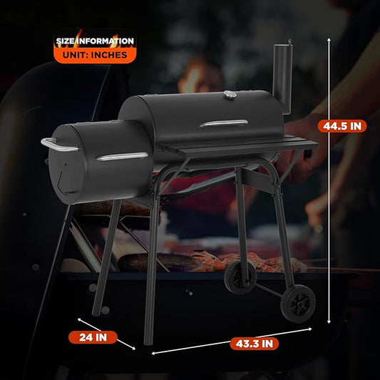 43-inch Charcoal Outdoor BBQ Grill - Portable Camping Grill for 6-10 People, Offset Smoker, Braised Roast, Patio and Backyard Picnic Grill