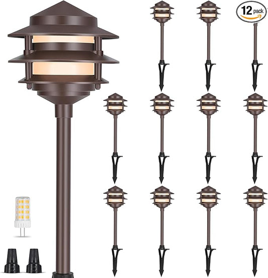 Gardencoin Pagoda Low Voltage Landscape Pathway Lights, 12V Outdoor LED Path Lights Wired, Aluminum Walkway Lighting with 4W 2700K Replaceable G4 Bulb, Bronze Classic 3-Tier Lantern, 12 Pack