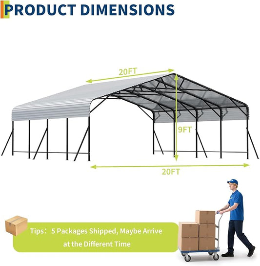 GarveeLife 20x20x9 ft Oversized Metal Carport with Galvanized Steel Roof, Heavy Duty Carport for 2 Cars, Metal Garage for Car, Truck, Tractor, Boat