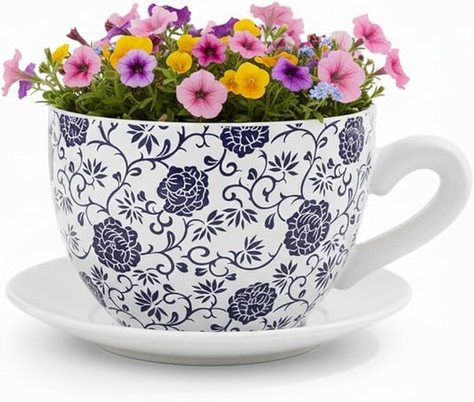 7.5" Ceramic Teacup Planter Pot with Saucer | Ideal for Succulents, Orchids, Herbs & Flowers | Indoor Use| Thoughtful Gift for Birthday, Gift Basket, Sympathy & More – White Blue Floral Teacup Planter