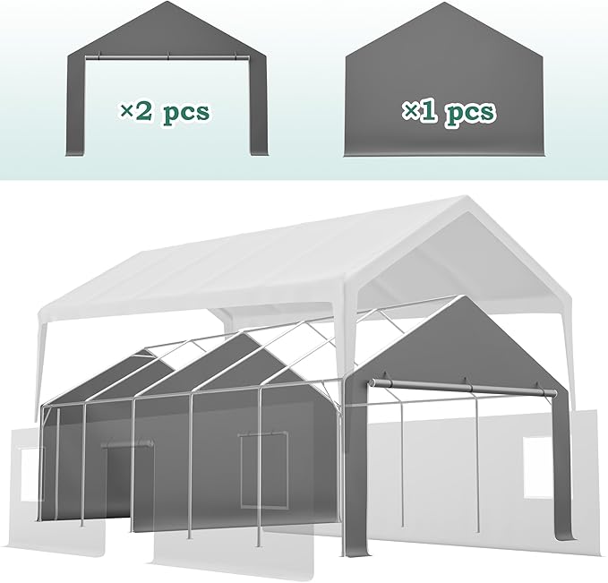 13x26 FT Canopy with 2 Roll-Up Doors,Waterproof Party Tent w/Steel Frame & Ventilation Windows,Carport & Storage Shelter for Vehicle,Car,Grey