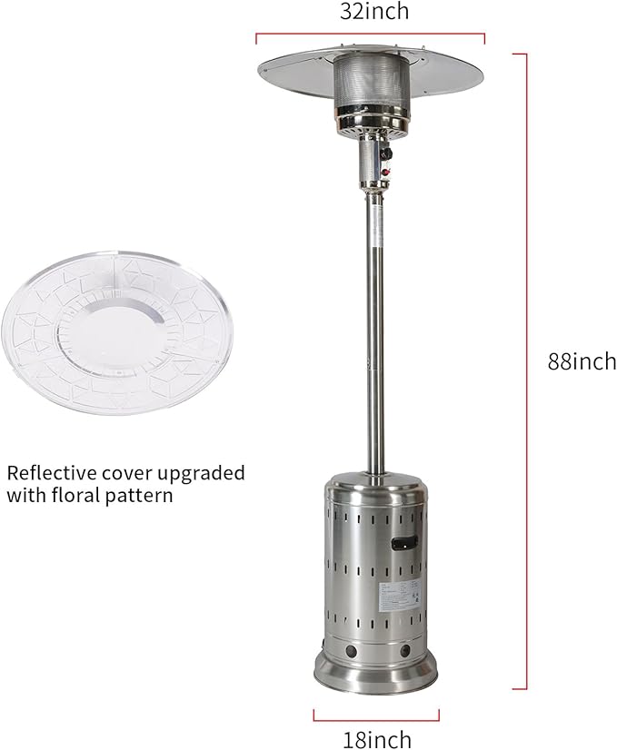 Patio Heater with Cover, 48,000 BTU Pyramid Flame Outdoor Heater, Propane, Detachable Wheels, Quartz Glass Tube for Patio, Garden, Courtyard, Park, Poolside (Silver)