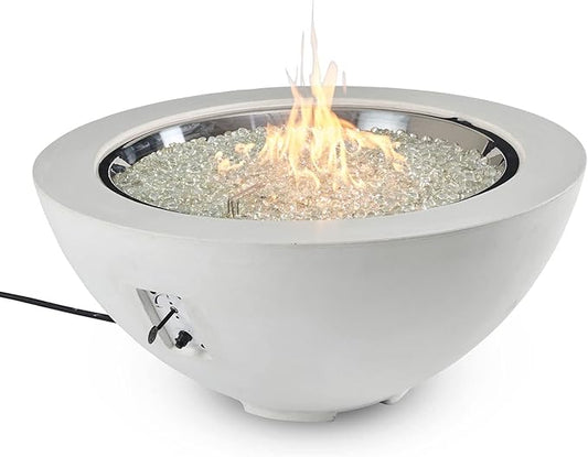 Outdoor GreatRoom Co Propane Fire Pit Table - Cove Gas Fire Pits for Outside Patio - 42 Inch Round Bowl Concrete Firepit Fire Table, Glass Tabletop Cover, Clear Glass Gems, 105,000 BTU - White