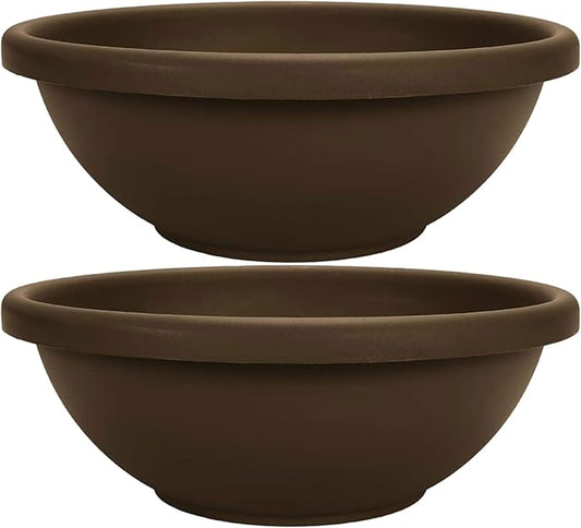 The HC Companies 18 Inch Sun Fade and Crack Withstanding Leakproof Plastic Plain Semi Circular Garden Bowl Planter, Chocolate Brown (2 Pack)