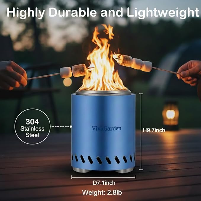 Smokeless Tabletop Fire Pit, VivaGarden Portable Outdoor Fire Pit for Camping, Patio, Backyard, Wood and Pellets Burning Camping Stove with Carry Bag, Forks, Mat and Pot Stand (9.7x7.1 Inch, Blue)