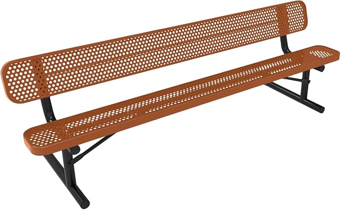 COATEDOUTDOORFURNITURE Heavy-Duty Outdoor Bench Thermoplastic Coated, Punched Steel, Commercial-Grade Seating, Made in America (Portable with Back, 8 Ft, Textured Copper)