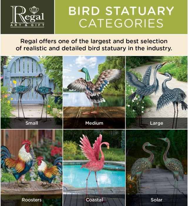 Regal Art & Gift Metal Egret Statue – Coastal Heron Garden Sculpture, Elegant Bird Decor for Lawn, Patio, or Beach House Yard – Sturdy Outdoor Standing Crane Ornament, 16.5""L x 8.25""W x 34.25""H
