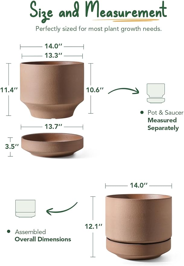 LE TAUCI Large 14 Inch Plant Pot with Saucer | Ceramic Outdoor & Indoor Big Planter Pot | Drainage Hole, Mesh Pad & Plug | Unglazed Porous | Modern Minimalist for Home and Patio – Terracotta Color