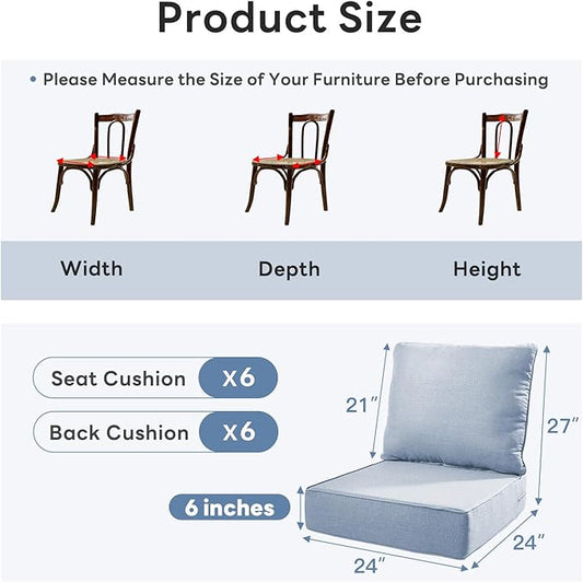 6" Thicker Outdoor Chair Cushion 6 Sets - 24" *24" *6" Waterproof Patio Furniture Cushions with Removable Cover, 28D High Density Sponge Filling Thicken Outdoor Patio Cushions - Baby Blue
