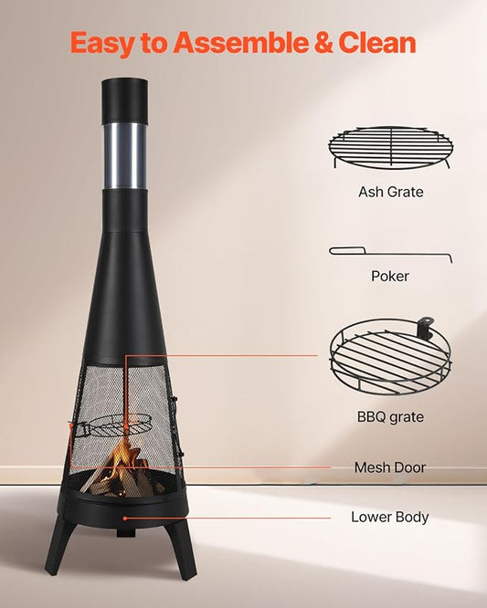 VEVOR Chiminea, 20 Inch Outdoor Wood Burning Firepit, Conical Fireplace for BBQ & Warming, Outside Wooden Fire Pit with Grill Mesh, Chimney Coat & Rustproof Chiminea Lid, for Patio, Garden, Backyard