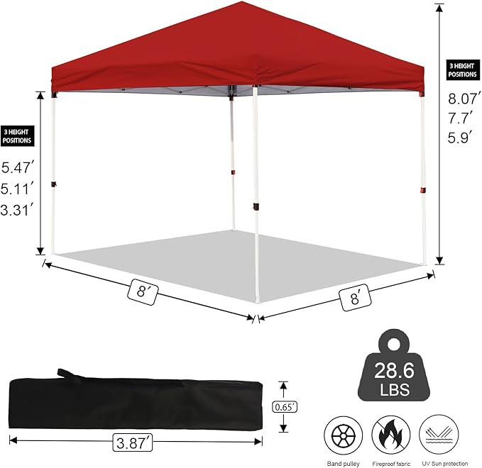Northroad 8X8 FT Pop Up Canopy, Outdoor Instant Canopy Tent w/Carrying Bag, Portable Gazebo Shelter for Wedding Party,Commercial Event,Patio,Garden,Beach -Red