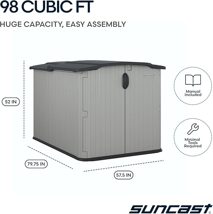 Suncast 138 Cu Ft Horizontal Outdoor Storage Shed, 57.5"x79.75"x52" Glidetop Outdoor Shed with Sliding Lid, Plastic Resin Storage Sheds with Floor for Bikes, Motorcycles, & Lawn Mower, Made in the USA