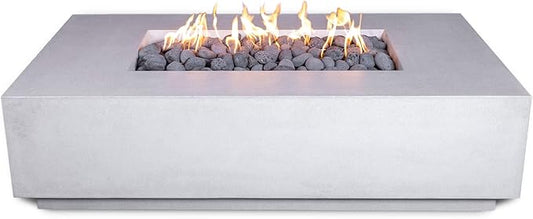 Vivid Heat - 60" Premium “Mesa 2" Concrete Fire Bowl - Heavy Cement Rectangle Natural Gas Fire Pit - Square Outdoor Fire Table with Key Valve GFRC (48” L x 32” W x 16” H) (Ivory White)