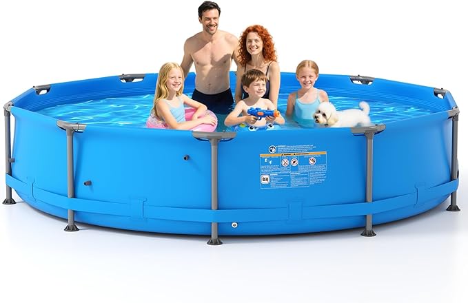 GYMAX 12ft x 30in Metal Frame Above Ground Swimming Pool, Outdoor Backyard Famliy Pool Set with Puncture-Resistant Fabric, Drainage Valve Connector for Kids & Adults (12' x 30", Round, Blue)