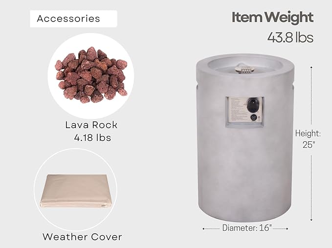 Afterglow Circular Propane fire Pit 30,000 btu with Lava Rock and Weather Cover Terrafab Artificial Concrete for Outdoor Patio Garden Backyard Decoration CSA Certified 16" x 16" x 25"