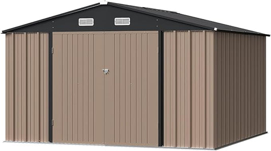Furniwell 10x10 FT Outdoor Storage Shed, Metal Garden Sheds Outdoor Storage House with Single Lockable Door for Backyard Patio Lawn, Brown