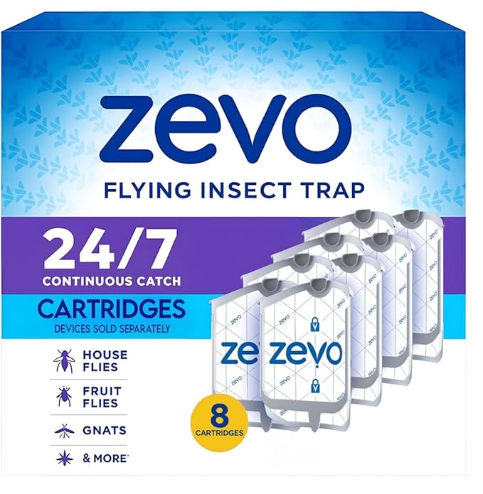 Zevo Flying Insect Trap Refills – 8 Cartridge Pack | Compatible with Zevo Plug-in Indoor Traps | Fly, Gnat & Fruit Fly Protection