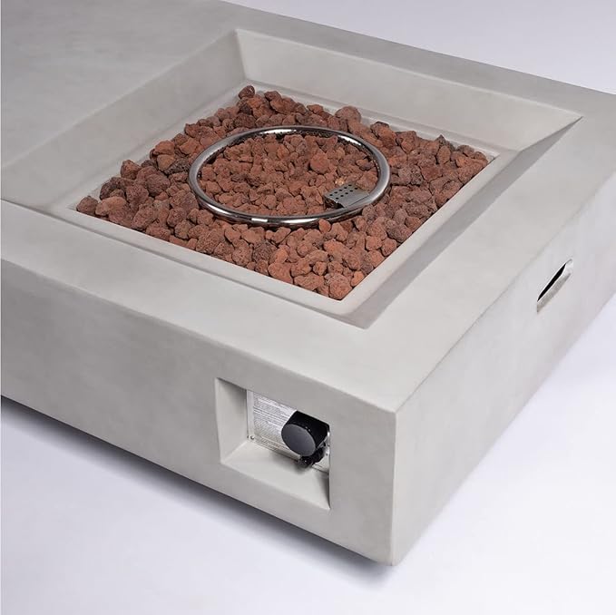 60" Firepit Table for Outside, 50,000 BTU Large Rectangular Concrete Outdoor Firepit Tables, Laval Rocks, Side Handles, Fits 20lb Tank Outside, Grey