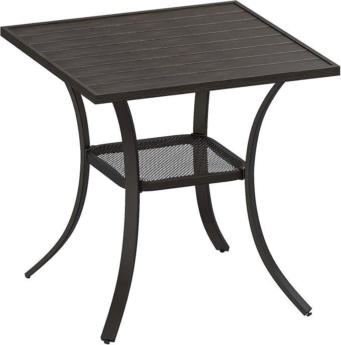 VICLLAX Patio Dining Table, Square Table Metal Outdoor Bistro Table with Rack for Balcony Garden Deck, 28inch Ash Grey