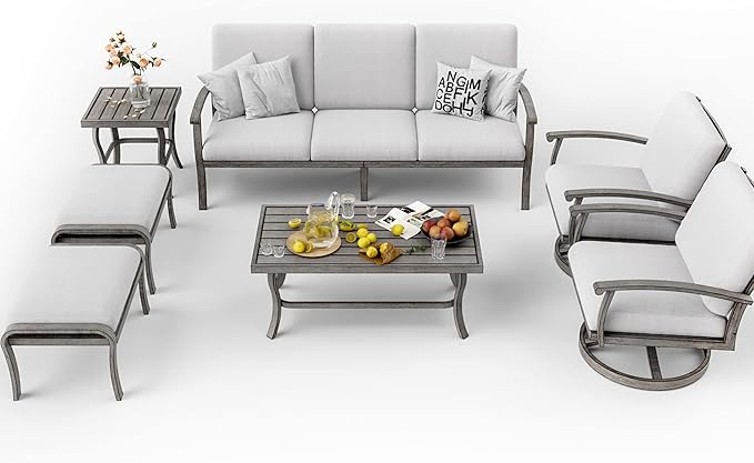 HAPPATIO 7 Piece Aluminum Patio Furniture Set, 3-Seat Outdoor Ottoman and Swivel Armchair, Outdoor Sectional Sofa with Side Table and Coffee Table, Garden Conversation Set for Lawn(Gray)