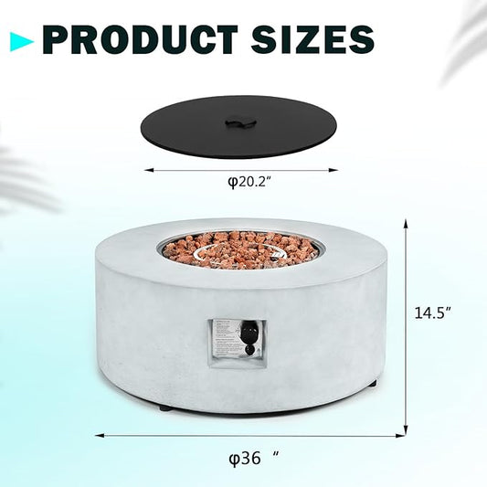 36" Round Propane Fire Pit Table,50,000 BTU Outdoor Concrete Gas Firepit with Lava Rocks & Rain Cover,Modern Patio Coffee Table for Backyard and Deck