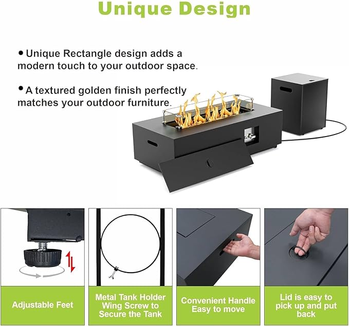 42 inch Propane Fire Pit Table, 2 in 1 Outdoor Fire Pit with 20lb Tank Cover, Outside Patio Deck and Garden, LED Gas Fireplace Table with Lid and Stone, 50,000 BTU Adjustable Flame, Black