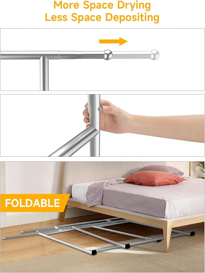 SAN LIKE Garment Rack with Wheels, Heavy Duty Load 550 lbs 3-Rod Standing Clothing Rack 3.8' to 6.4' Extendable Metal Clothes Rack, Portable Foldable Drying Rack for Clothes, Quilt, Comforter, Blanket
