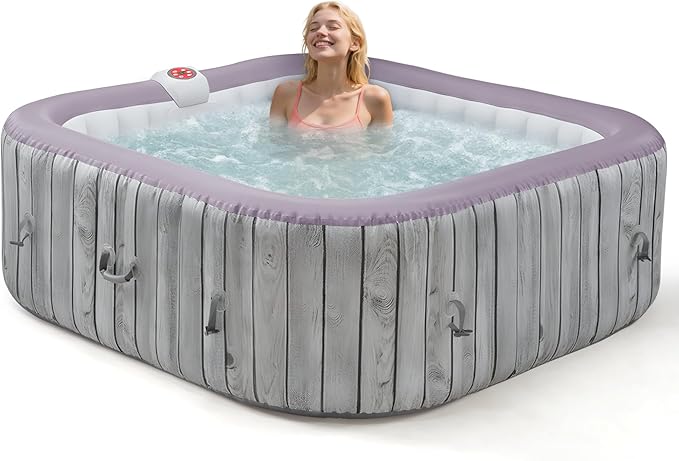 73" Inflatable Hot Tub,4-6 Person, Portable Outdoor Spa with 130 Soothing Bubble Jets, Smart Heating, Insulated Cover and 6 Replaceable Filters, PE Floor Mat, 110-120V Input (Square)