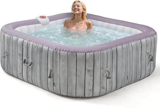 73" Inflatable Hot Tub,4-6 Person, Portable Outdoor Spa with 130 Soothing Bubble Jets, Smart Heating, Insulated Cover and 6 Replaceable Filters, PE Floor Mat, 110-120V Input (Square)