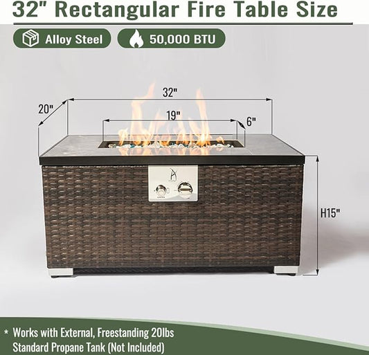 Outdoor Propane Fire Pit Table for Outside Patio, 32 Inch Rattan Fire Pit Table, Rectangle Gas Fire Pit for Garden, Pool, Backyard, 40,000 BTU, Free Lava Rocks, Brown