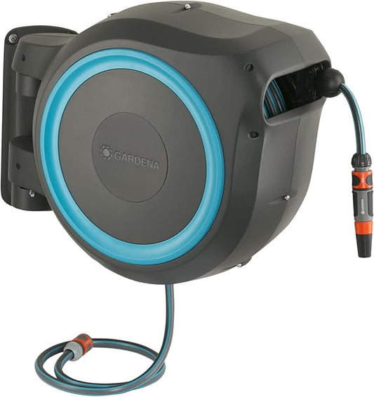 GARDENA (18630) Retractable Garden Hose Reel 115' x 1/2" Wall Mounted, Automatic Retraction & Length Lock for Easy Watering. Heavy Duty Swivel Bracket 180°, Includes Nozzle. Made in Europe