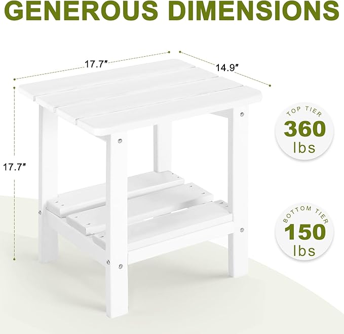 Set 2 Adirondack Outdoor Side Table, 2-Tier Small Patio End Table, Weather Resistant HDPE Outdoor End Tables for Garden, Lawn, Pool, Beach, Porch, Deck, Backyard - Square, White