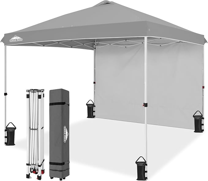 EAGLE PEAK Pop Up Canopy Tent with 1 Sidewall, Easy Setup Event Tent, Outdoor Sun Shade, Wheeled Carry Bag, Stakes and Guy Ropes, Instant Canopy 10x10, Light Gray
