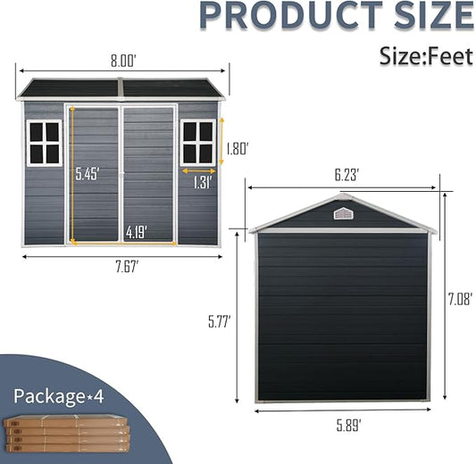 8x6 ft Outdoor Resin Storage Shed with Floor, Waterproof Plastic Garden Shed with Lockable Door and Two Windows, All-Weather Tool Sheds for Backyard, Patio, Lawn (Black)