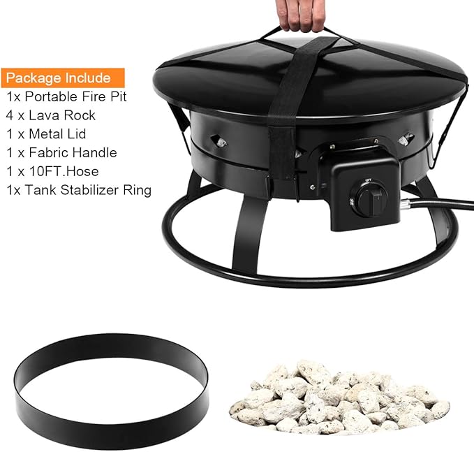 Giantex Portable Propane Fire Pit, 19" Outdoor Firepit, 58,000BTU Fire Bowl w/Cover & Carry Kit,Lava Rock Stone & Tank Stabilizer Ring, Gas Fire Pit for Outside Camping,Patio, Backyard, Black