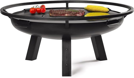 Ember 32" Handcrafted Cooking Fire Pit with Cooking Grill Plate Attachment for Wood Burning Fireplace for Backyard Grilling Campfire for Camping, Large Outdoor Natural Steel Firepit by Good Directions