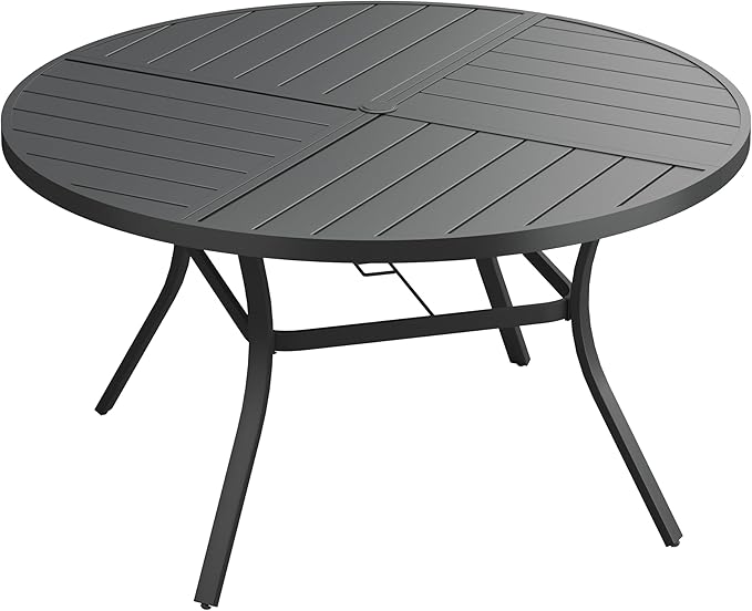 VICLLAX Round Patio Dining Table, 6 Person Metal Outdoor Dining Table with Umbrella Hole and Storage Shelf for Garden Lawn Deck, 50" Black
