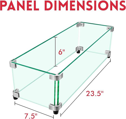 Fire Pit Wind Guard, 23.5" x 7.5" Square Tempered Glass Wind Shield for Firepit & Fire Table, Thick Glass and Easy Installation with Included Tools, Airflow Management for Stable Flame