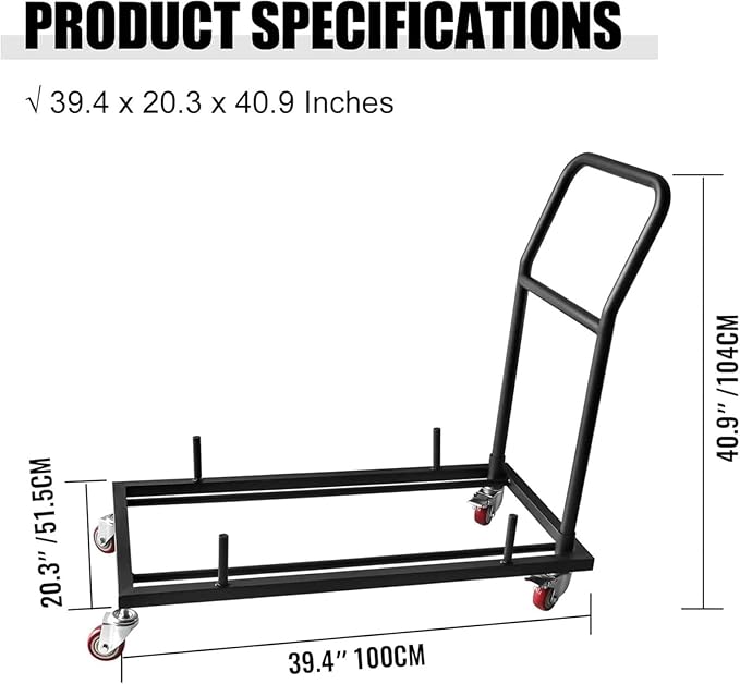 Folding Chair Dolly with 2 Swivel Casters, Brakes& 2 Fixed Straight Casters, L-Shaped Steel Storage Cart Commercial & Home Kitchen Folding Chairs Racks