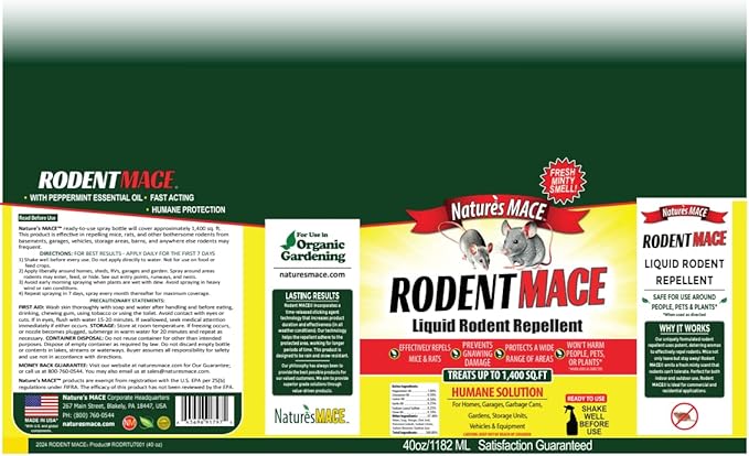 Nature’s MACE Rodent Repel 40oz Bottle, Covers 16,800 Sq. Ft.,Repel Mice & Rats, Keep Mice, Rats & Rodents Out of Home, Garage, Attic, and Crawl Space, Safe to Use Around Children & Pets