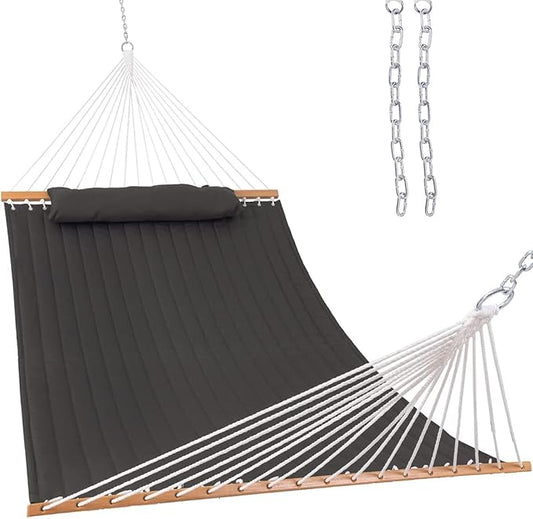 Lazy Daze Hammocks 12 FT Double Quilted Fabric Hammock with Spreader Bar and Detachable Pillow, 2 Person Double for Outside Patio Poolside Backyard Beach, 450lbs Capacity, Gray