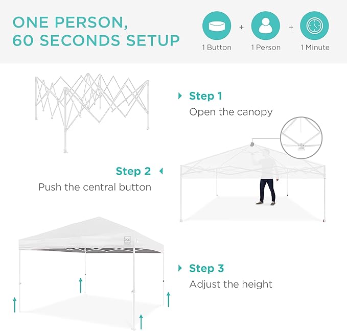 Best Choice Products 8x8ft 1-Person Setup Pop Up Canopy Tent Instant Portable Shelter w/ 1-Button Push, Case, 4 Weight Bags - White/White
