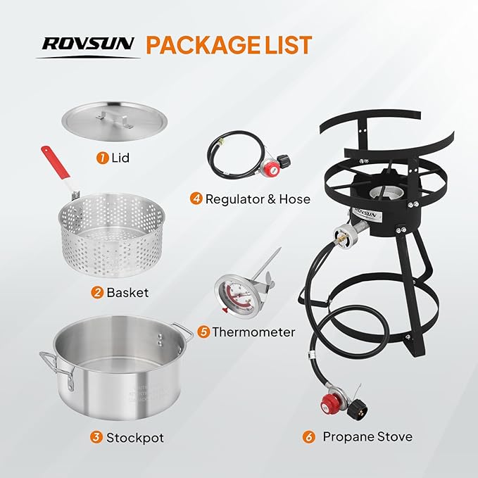 ROVSUN 10Qt Aluminum Fish Fryer Pot with Strainer Basket, Outdoor Fryer with 55,000 BTU Propane Gas Burner, Thermometer & Lid for Fish, Chicken Wings, Seafood Frying & Backyard Cooking