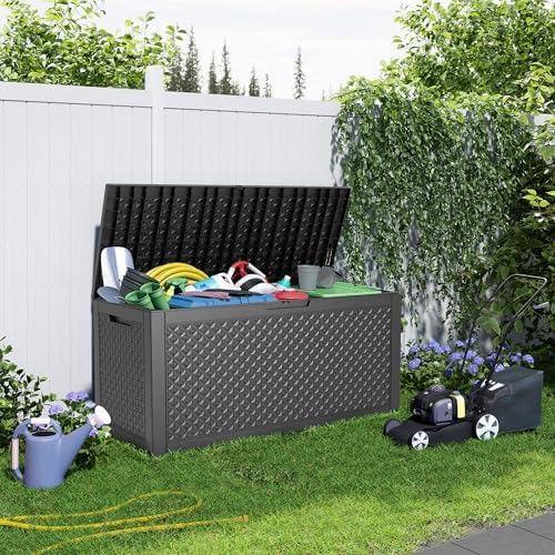 ROJIK Outdoor Storage Housing Deck Box - Waterproof Patio Furniture, Garden Tools, Cushions, Pool Accessories Storage Bench with Lockable Lid and Side Handles (Black pattern,100 Gal)